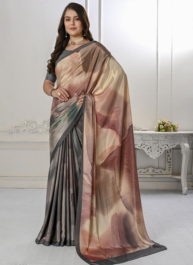 Crepe Soft Silk Grey Peach Traditional Wear Printed Saree